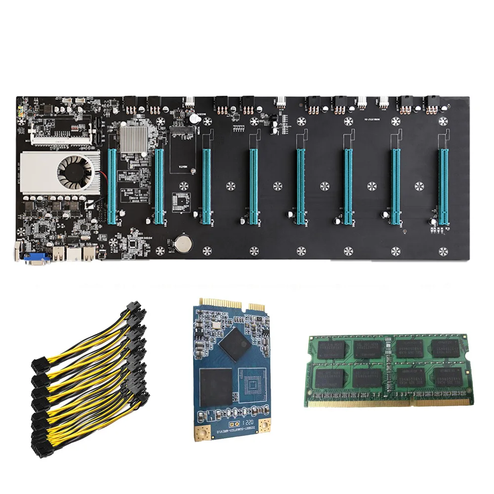 BTC-S37Riserless Mining Motherboard 8 CPU Bitcoin Crypto Etherum Set With 8GB DDR3 1600MHz RAM 1037U 128GB MSATA SSD Power Cable