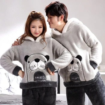 

New Unisex Adult Cute Winter Couple Pajamas Warm Thickening Hooded Male Pajamas Set Long Sleeve Sleepwear Cute Cartoon Home Suit