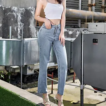 

Fashion 2019 Autumn New Solid High Waist Jeans Women Retro Pockets Straight Pants Loose Casual Denim Trousers