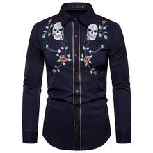 UNPADUPE Мужская Западная череп ковбоя и Цветочная вышивка рубашка Slim Fit повседневные Длинные рукава пуговицы вниз вечерние рубашки s-xxl