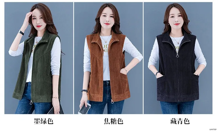 UHYTGF Sleeveless Female Jackets Vintage Corduroy Casual Autumn Winter Vests For Women Korean Loose 4XL Plus Size Waistcoat 1453 puffer coat with fur hood