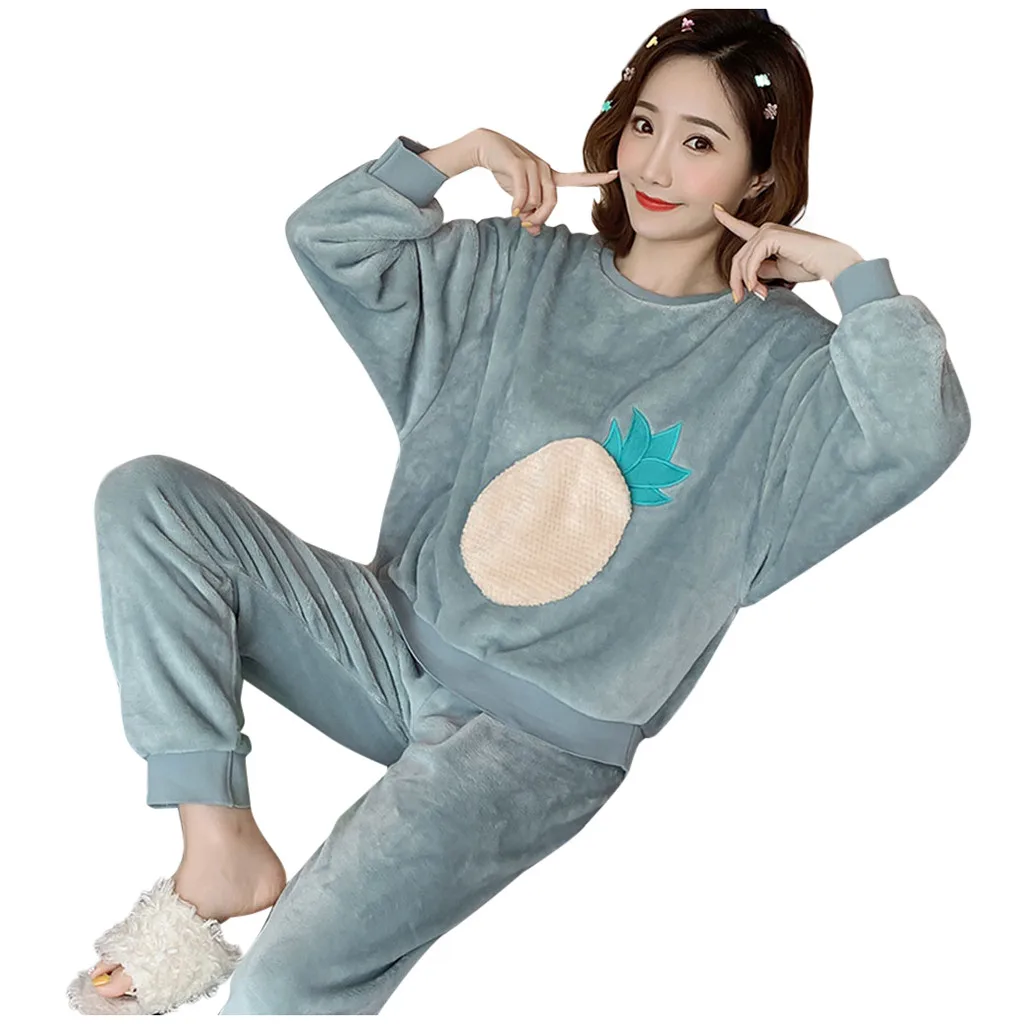Пижамы, пижамы, женское нижнее белье с длинным рукавом, пижамный комплект для женщин, зимняя теплая Пижама, женская одежда для сна с принтом Kawaii, Ночной костюм - Цвет: Синий