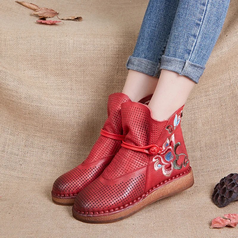 

2019 Spring And Autumn Retro WOMEN'S Genuine Leather Shoes Embroidered Ethnic-Style Comfortable Hollow out Hight-top Thick Soft-