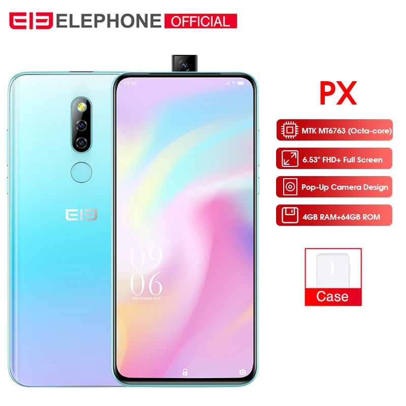 Elephone PX 6,53 "FHD + полный экран глобальный мобильный телефон Android 9,0 MT6763 всплывающая камера дизайн 16MP камера смартфон