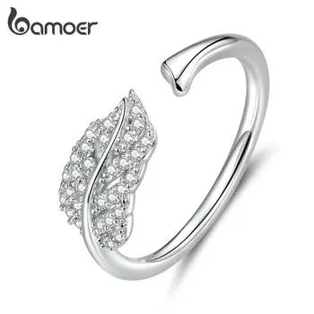 

bamoer GXR614 925 Sterling Silver Ring Zirconia Light Feather Ring Adjustable Size For Women Wedding Fine Jewelry Trendy Gift
