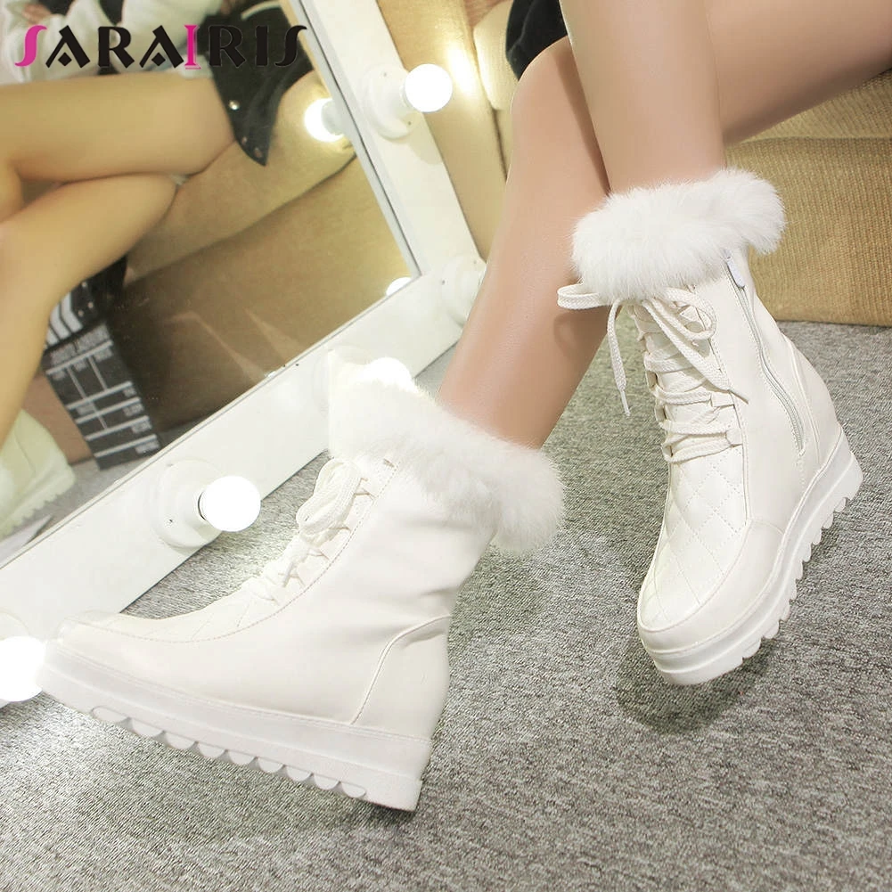 

SARAIRIS Brand New Ladies Height Increasing Ankle Boots Lace Up Platform Shoes Woman Winter Warm Fur Snow Boots Women 34-43