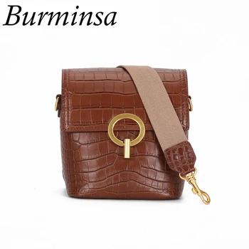 

Burminsa Mini Bucket Crocodile Pattern Genuine Leather Bags For Women Unique Design Wide Strap Ladies Shoulder Messenger Bags