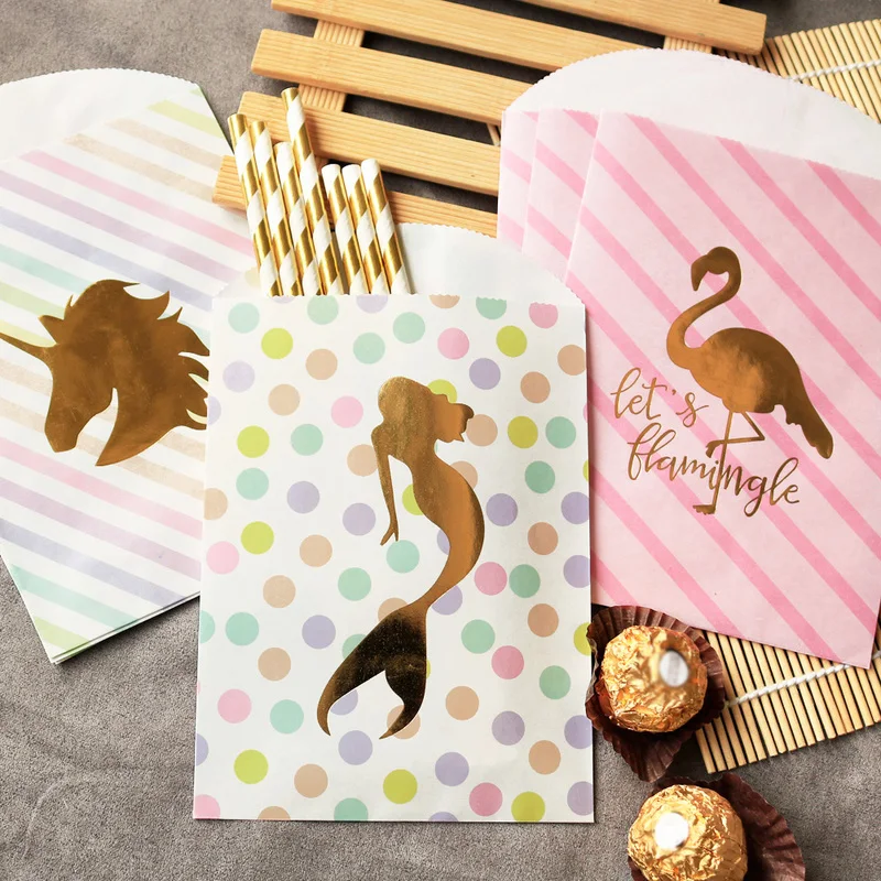 Cute Golden Unicorn Mermaid Paper Envelope Baby Baptism Birthday Party Flamingo Paper Bag Kraft Thank you Gift Envelope10pcs