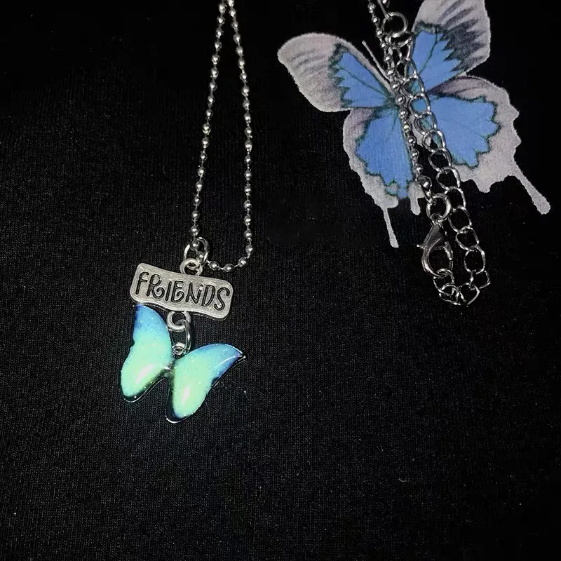 green friends choker Harajuku Красочные бабочки Подвески Ожерелья для женщин Ins Горячая нержавеющая сталь Чокеры улица хип хоп вечерние ожерелья для девочек - Окраска металла: green friends choker