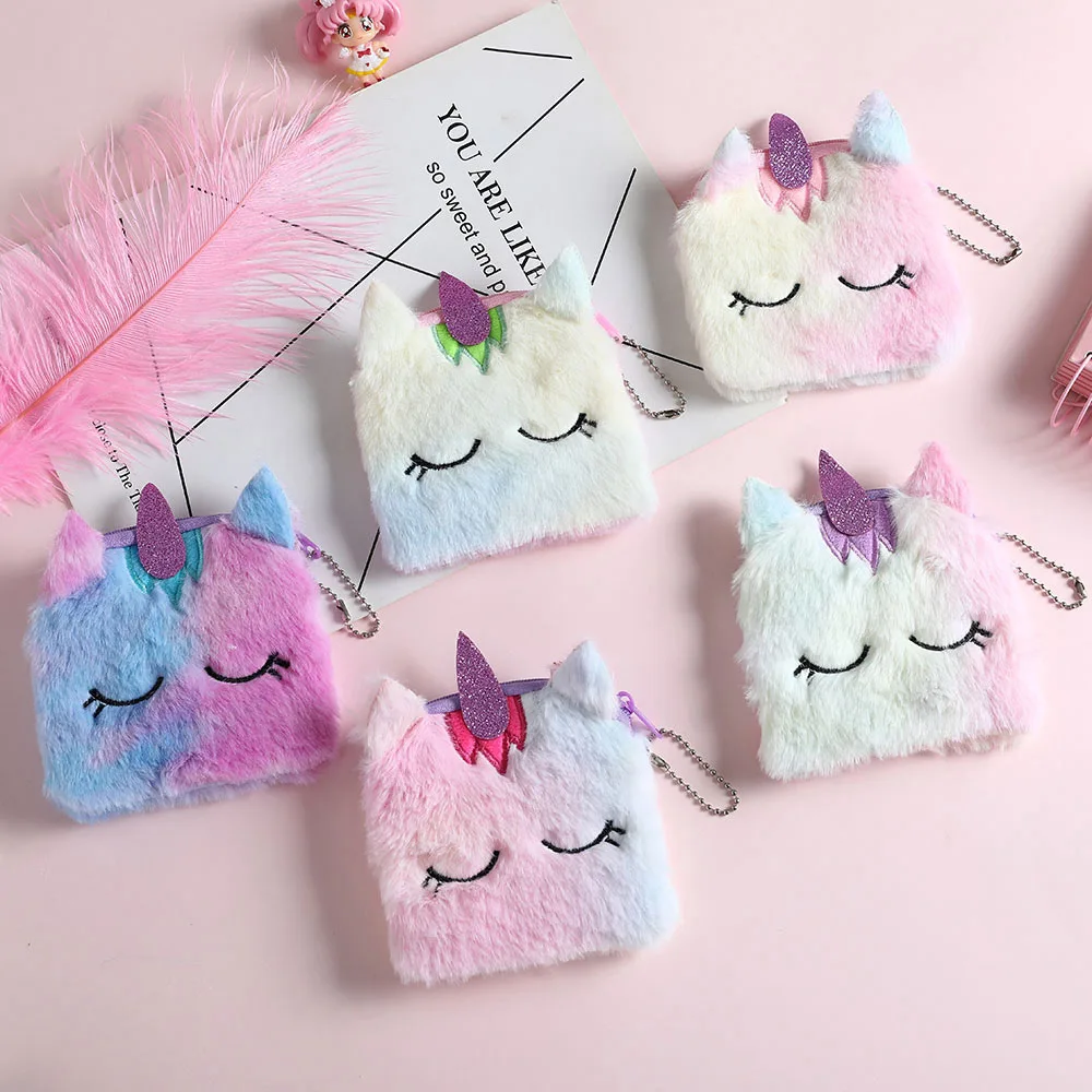 

Cartoon Plush Unicorn Coin Purse Cute Cat Fur Circle Zipper Kids Coin Bag Girl Clutch Embroidered Wallet Key Earphone Organizer