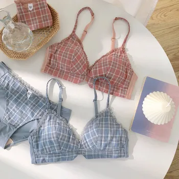 

Roseheart Women Fashion Blue Pink Bra Set Padded Bralette Plaid Cotton Panties Wireless Push Up Underwear Sexy Lingerie