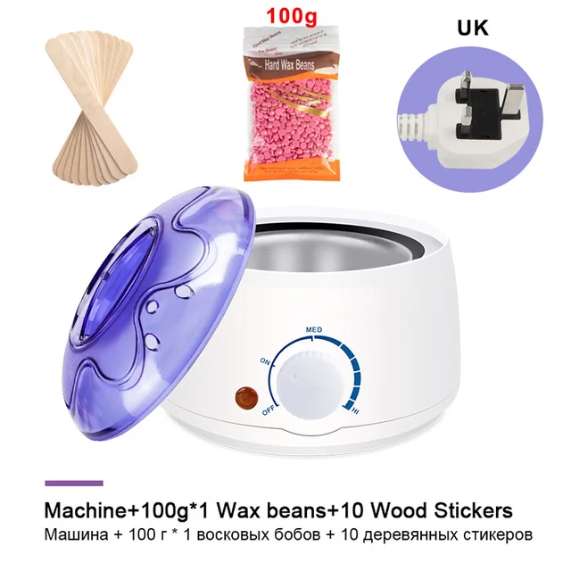 Hair Removal Wax-melt Machine Heater 200ml Wax Beans 10 Wood Stickers Hair Removal Machine Waxing Kit Calentador de cera Set 1 White UK plug
