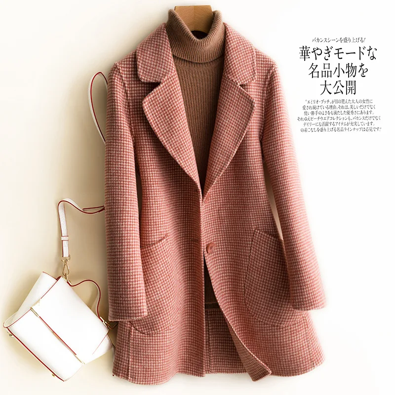

Winter Woman Coats 2019 New High-end Double-sided 100% Wool Coat Loose Long-sleeved Plaid Woolen Coat Long Female Jacket