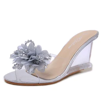 

Ladies high-heeled sandals fashion non-slip comfortable summer crystal transparent wild wedge sandals rhinestone wedge drag