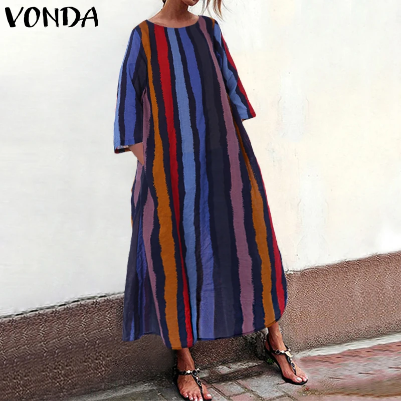 VONDA, женское платье, в полоску, с принтом, макси, платья для женщин, Ретро стиль, короткий рукав, богемный стиль, без рукавов, Vestidos размера плюс, женское платье, 5XL