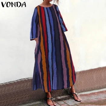 

VONDA Women Dress Striped Print Maxi Dresses Female Vintage Short Sleeve Bohemian Sleeveless Vestidos Plus Size Robe Femme 5XL