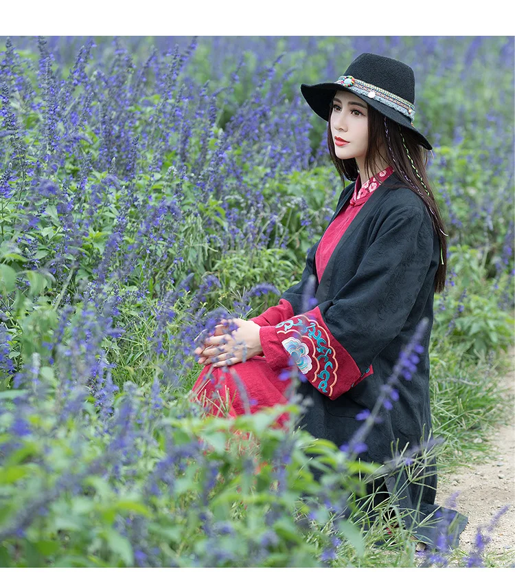C6284 Retro Cotton Linen Jacquard Trench Coat Women's Autumn And Winter V-neck Ninth Sleeve Mixed Colors Embroidered Coat