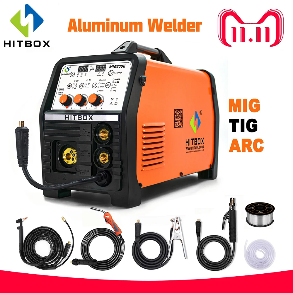 HITBOX Mig Welder Synergy Control Stainless Steel Iron Steel Welder 220V MIG ARC TIG MIG200 Functional DC Gas No Gas