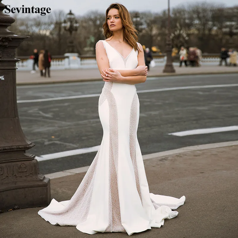 

Sevintage Glitter Mermaid Wedding Dresses Boho V-Neck Tulle Satin Bridal Gowns Sweep Train Custom Made Princess Bride Dress