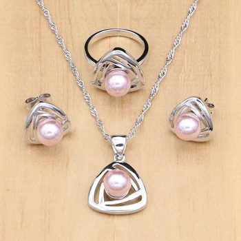 

925 Sterling Silver Jewelry Sets Pink Pearls Beads Decoration For Women Pearl Party Silver Jewelry 4pcs