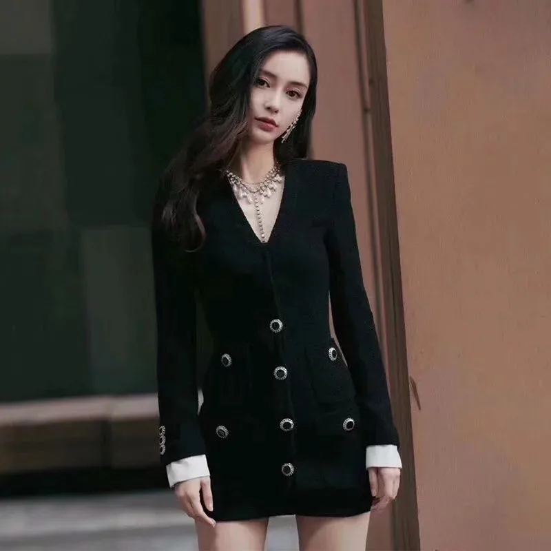 

Kpop Korean Celebrity New Fashion Black Single-Breasted Slim V-neck Dress Women Streetwear Sexy Long-Sleeve Bag Hip Mini Dresses