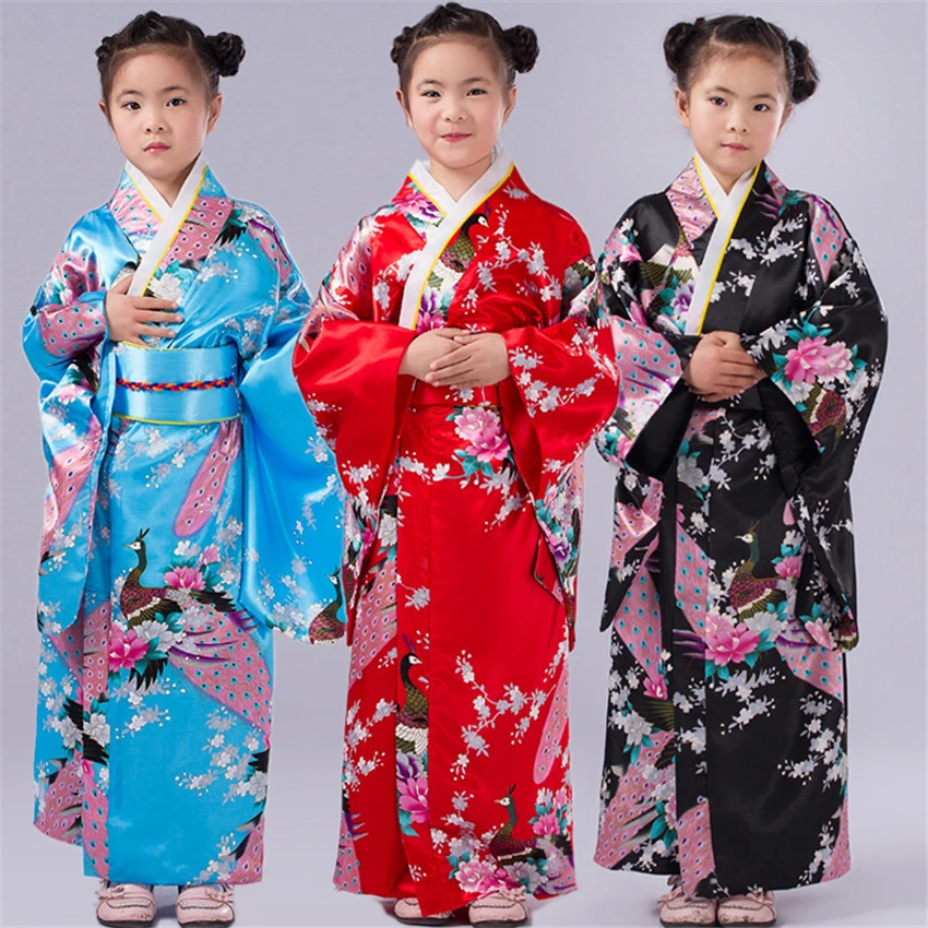 110-150cm Children Girls Japanese Traditional Costumes Kimono Dress with Obi Bathing Robe Yukata for Kids Girls Dance Wear