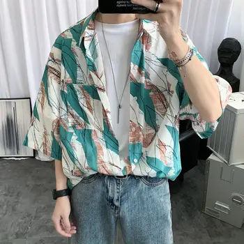

2020 Men's Short-sleeve Loose Hawaiian Shirt Camisa Masculina French Cuff Mens Fashion Streetwear Green/Violet Shirts M-2XL