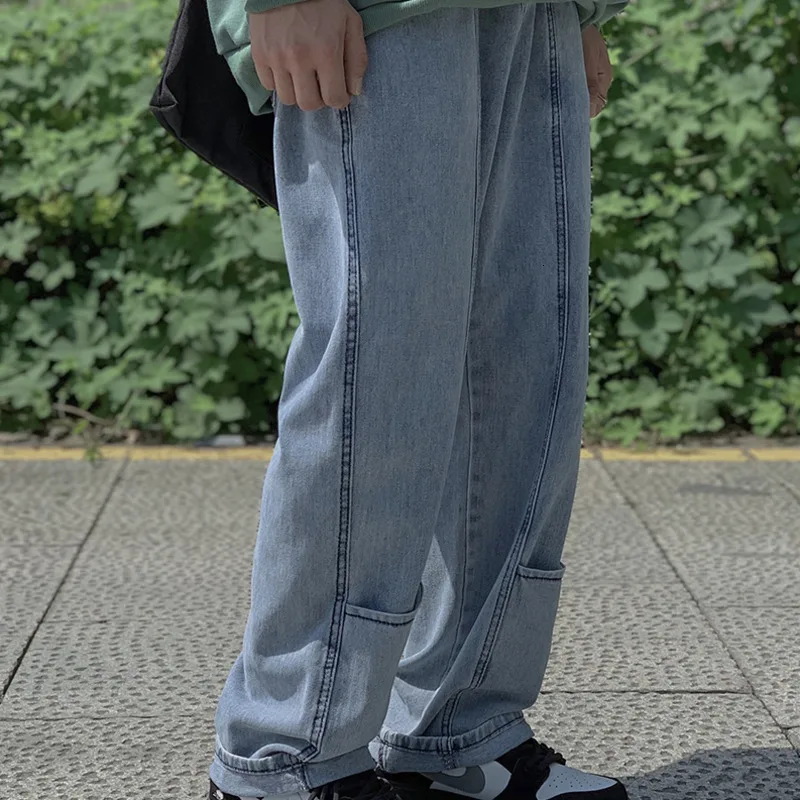 Jeans Men Fashion Wash Solid Color Big Pocket Denim Trousers Man Streetwear Hip Hop Loose Straight Jeans Pants Male Clothes