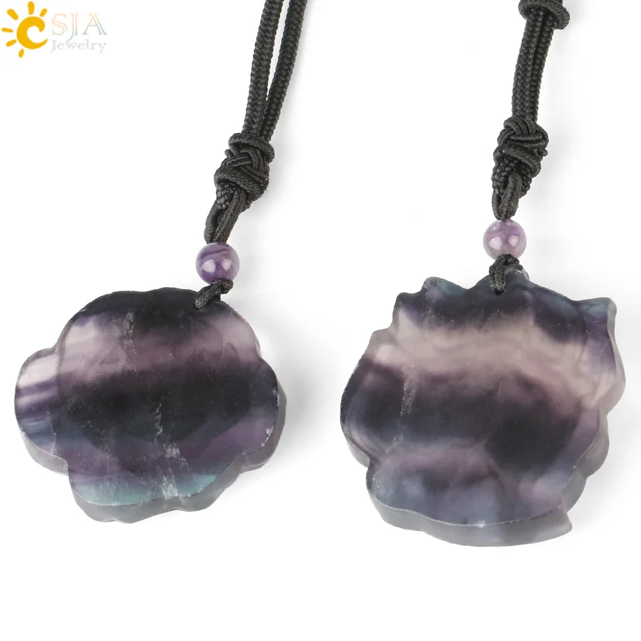 CSJA Natural Stone Fluorite Pendants& Necklaces Engraved Nine-tailed Fox Rose Flower Carved Reiki Lucky Pendant Women Men G286