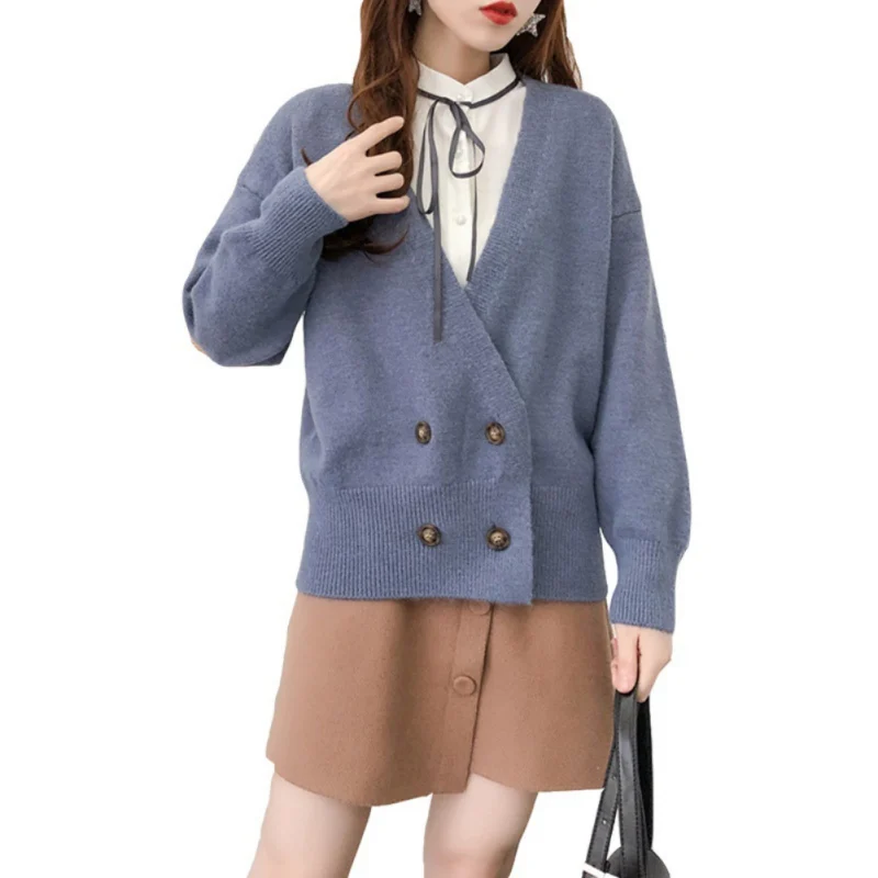 Korean Style Spring Autumn Sweet Loose Lazy Wind Button Knit Cardigan Pocket Jumper Sweater Long Lantern Sleeve Coat Women