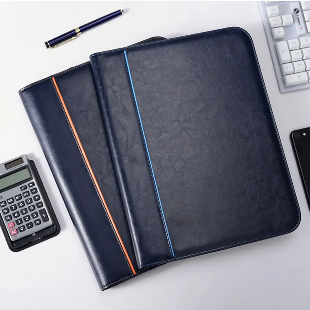 Padfolio com Calculadora Carteira de Negócios Portátil com Zíper Couro Notebook Organizador Pasta a4 5 couro notebook organizador portátil com zíper pasta