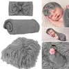 3PCS Newborn Photography Props Accessory Toddler Photo Blankets Wrap and Headband Mohair Stretch Knit Swaddle Wraps Studio Props 2