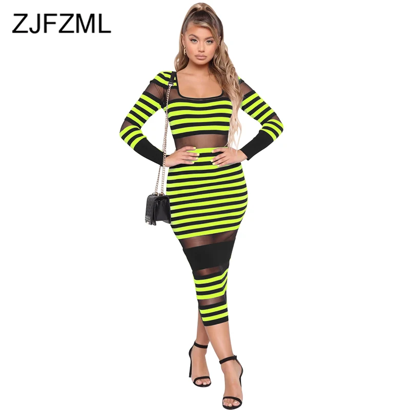 Transparent Mesh Striped Spliced Sexy Dresses Woman Party Night Club Bodycon Dress 2019 Fall Long Sleeve Long Maxi Bandage Dress