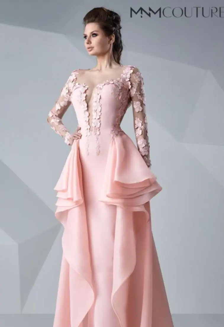 Платье для матери невесты из Саудовской Аравии с длинным рукавом, круглым вырезом и оборками, элегантное розовое длинное вечернее платье с открытой спиной Abendkleider - Цвет: Розовый