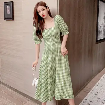 

COIGARSAM French Style Vintage Plaid Summer dress woman 2020 New Puff Sleeve Women Dresses Red Green 8832