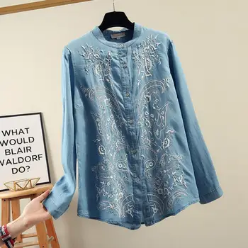 

2020 Spring autumn Vintage Tencel Denim Blouses Women long Sleeve Floral Embroidered Shirt fashion Single-breasted Tops w642