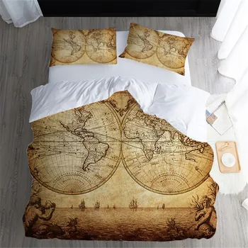 

New Retro World Map Bedding Set Navigation Series Gray Bed Cover Pillowcase 3D Print Bed Linen Set 2/3 Piece for Teens Girls