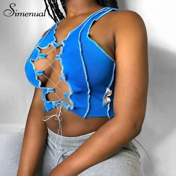 

Simenual Hot Sexy Lace Up Ribbed Women Tank Tops Sleeveless Hollow Out Fashion Party Club Crop Top Summer 2020 Patchwork Tanks