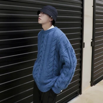 

Autumn/winter 2019 new slim solid color twist long-sleeved pullover loose casual round collar personality youth men's wear