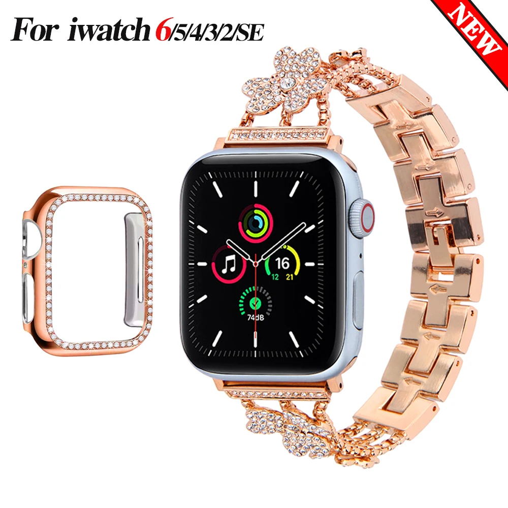 

For Apple Watch Band Series 6 5 4 3 2 1 Women Lady Diamond Band Strap for iWatch 6 44MM 40MM 42MM 38MM Stainless Steel Bracelet