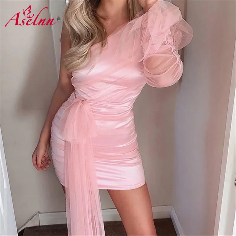 

Aselnn Women Sexy One Shoulder Sheer Mesh Ruched Puff Sleeve Bodycon Dresses Elegant Pink Mini Party Dress