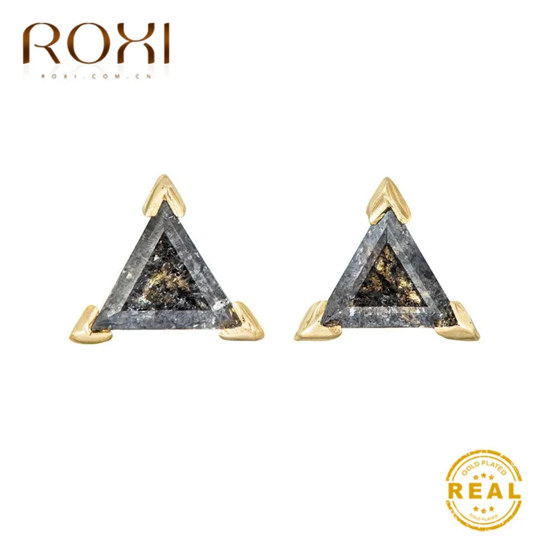 ROXI модные золотые треугольные серьги-гвоздики серьги Черный Кристал из австрийского горного хрусталя серьги, ювелирные изделия винтажные маленький фианит серьги