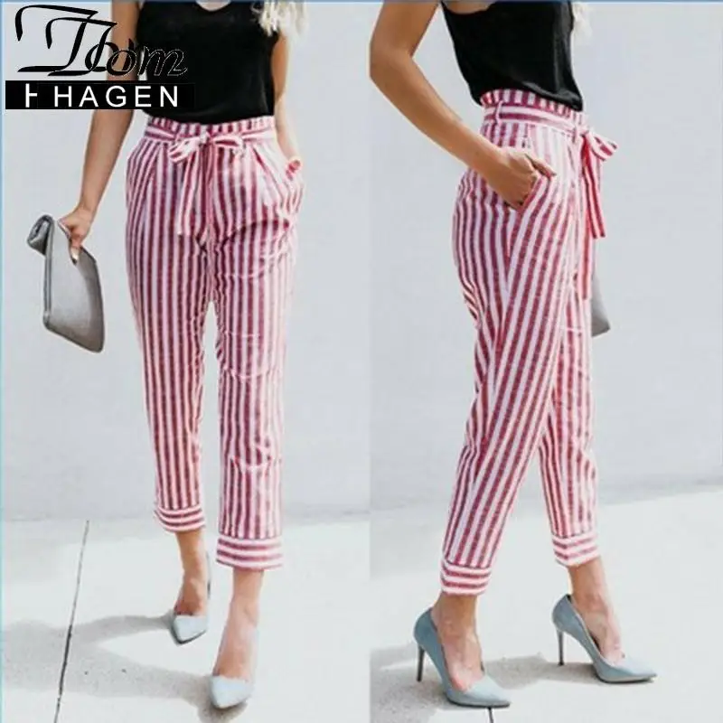 Шаровары женские шифоновые в полоску повседневные красные офисные брюки клетку