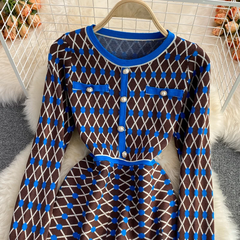 Houndstooth Autumn Winter O-Neck Long Sleeve Knitted Dress Women's Slim Waist Pearl Buttons Fashion Bright Shinny Outfit Vestido Houndstooth Autumn Winter O-Neck Long Sleeve Knitted Dress Women's Slim Waist Pearl Buttons Fashion Bright Shinny Outfit Vestido