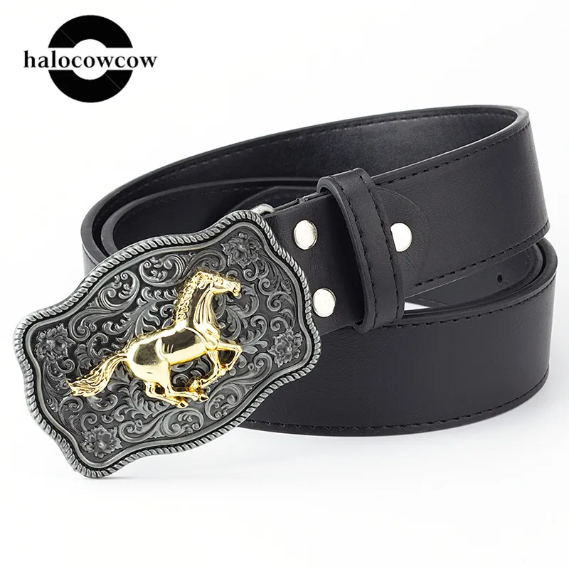 Мужской ремень в стиле ретро с металлической золотой пряжкой виде лошади