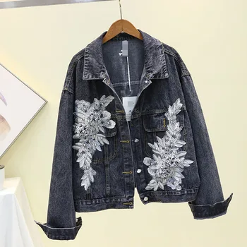 

2020 Spring Autumn Korean Loose Jean Coat Girls Lady Three-dimensional Embroidery Flower Jeans Jacket Women's Leisure Denim Coat