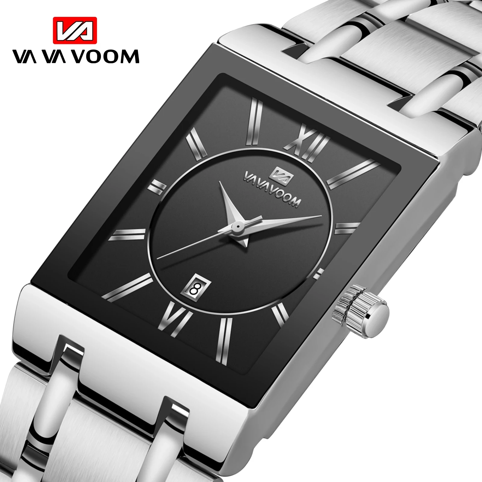 Men's Watch Simple Fashion Black Face Silver Belt Rectangular Stainless Steel Calendar Waterproof Quartz Watch Relogio Masculino