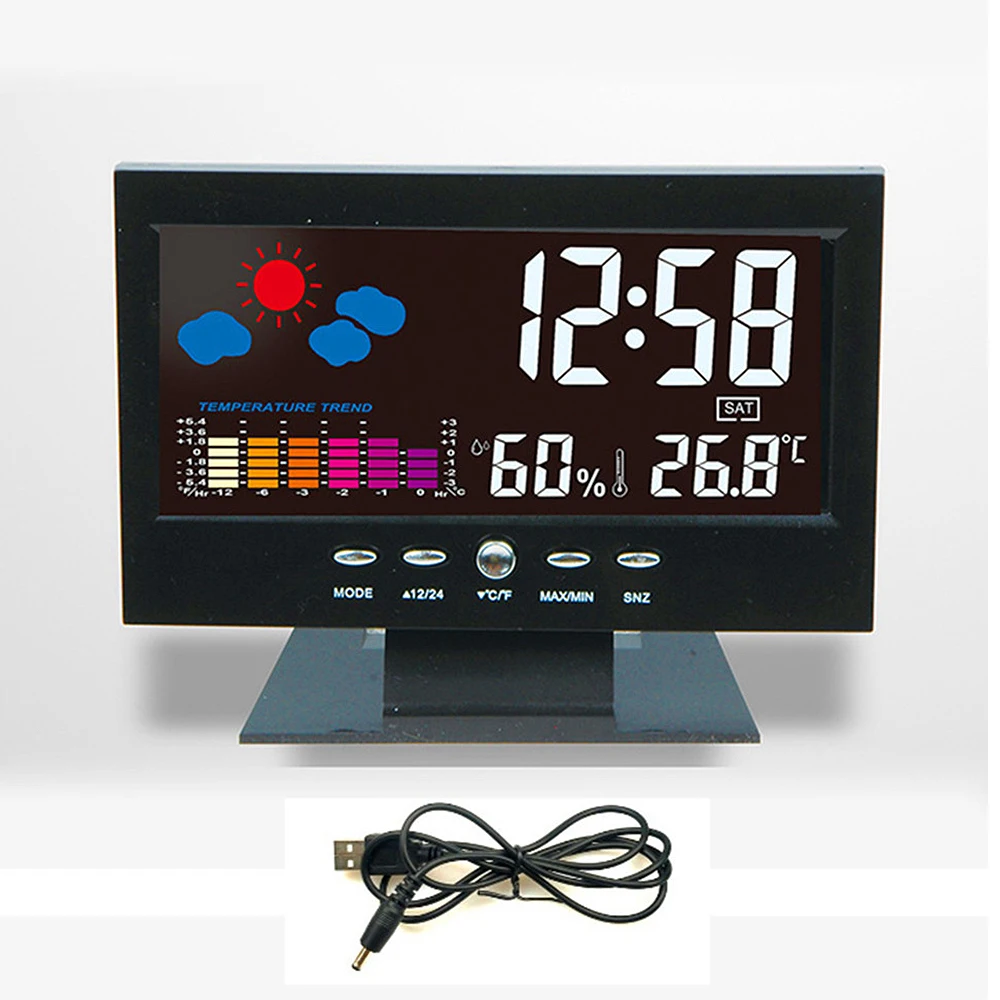 Большой цветной ЖК-дисплей цифровой Настольный будильник, настольный погоды, повтор, температура, влажность, будильник с подсветкой