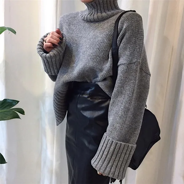 RUGOD, новинка, зимний теплый свитер для женщин, круглый вырез, одноцветная водолазка, плотный вязаный свитер, пуловер, Модный женский корейский Базовый Топ - Цвет: Серый