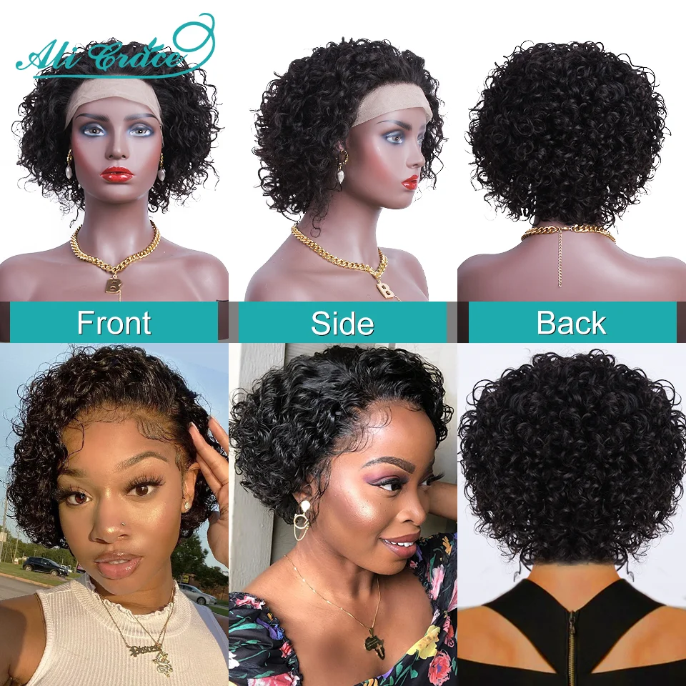 Human Hair Wig Lace Front Wig Human Hair Wigs Front Lace Wig 20CM Pixie Cut Blunt Bob Wig Brazilian Short Curly Hair Wigs Pre-plucked Pixie Cut Curly Wig 13x1 Transparent Lace Front Wigs